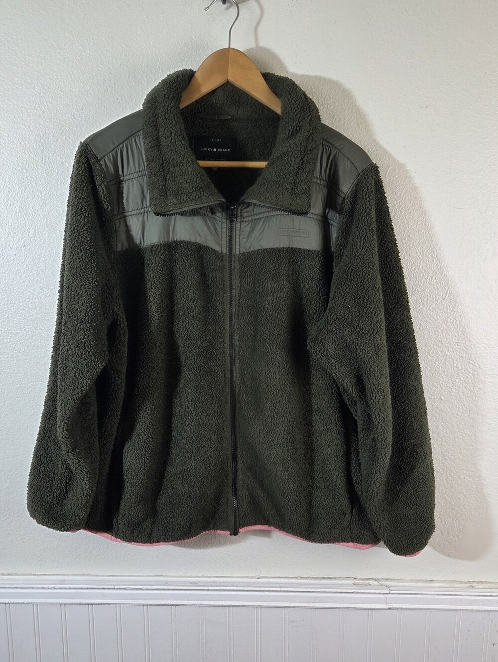 Lucky Brand Sherpa Fleece Jacket Womens XL Green Full Zip Cozy Teddy Jacket